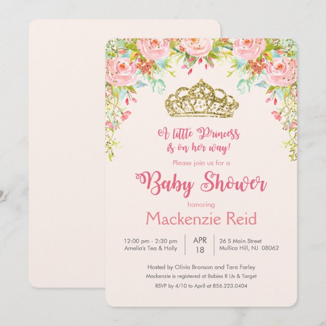 Invitation pour Baby Shower Princesse Florale (Devant / Derrière)