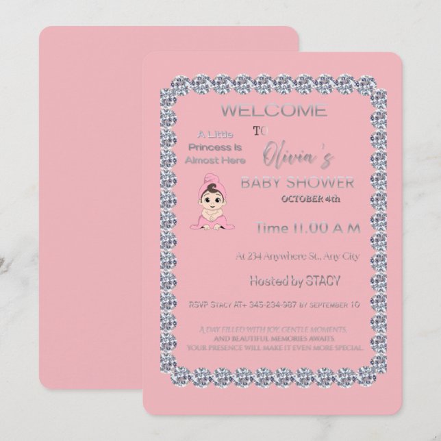 Invitation pour Baby Shower Princesse Rose | Éléga (Devant / Derrière)