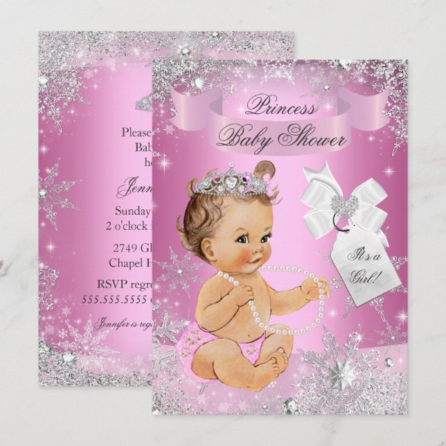 Invitation pour Baby Shower Princesse Rose Fleur d (Devant / Derrière)