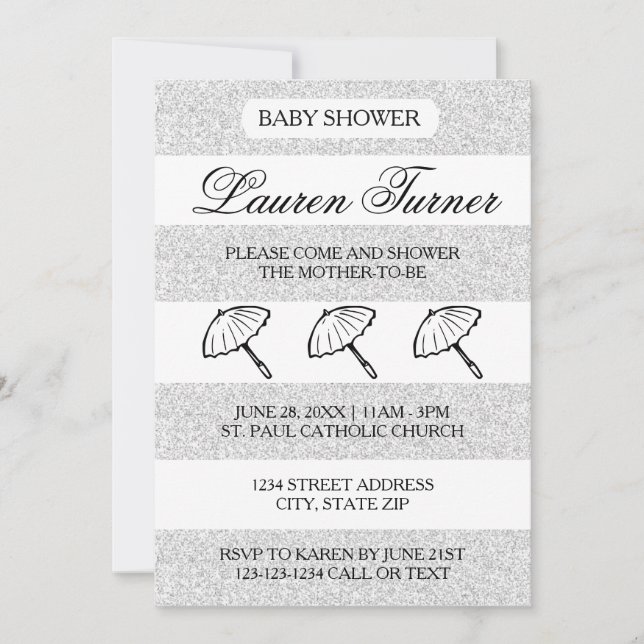 Invitation pour Baby Shower - Rayures Argent et Bl (Devant)