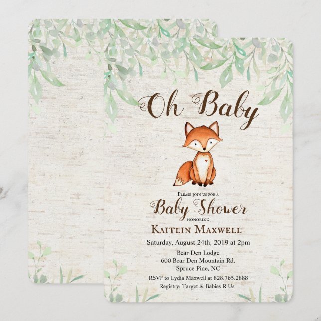 Invitation pour Baby Shower Renard (Devant / Derrière)