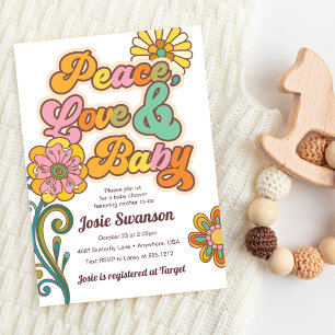 Invitation pour Baby Shower Rétro Peace Love Baby