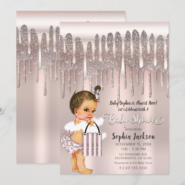 Invitation pour Baby Shower Rose Diamantée Paillet (Devant / Derrière)