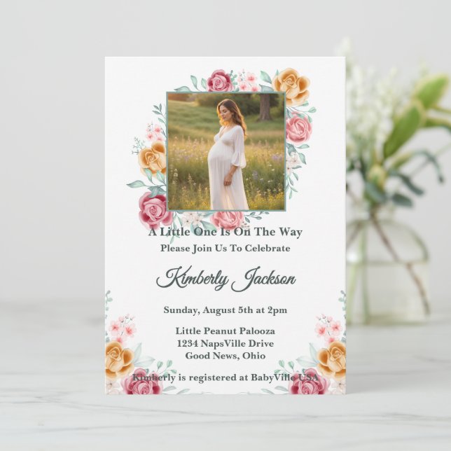 Invitation pour Baby Shower Rose Dorée (Debout devant)