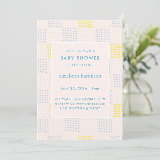 Invitation pour Baby Shower Rose et Bleu à Points  (Debout devant)