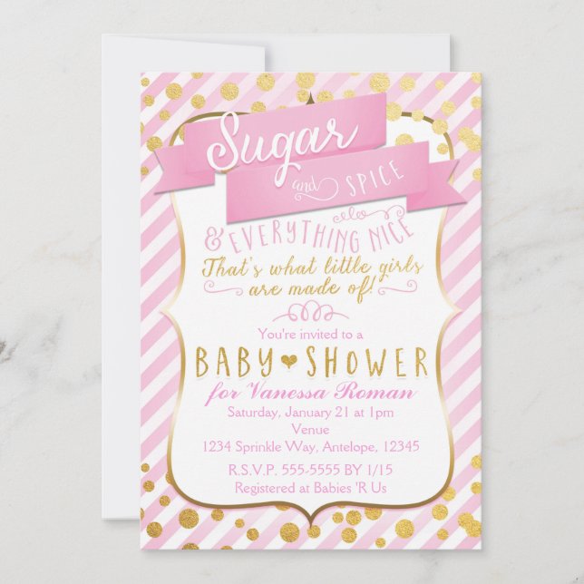 Invitation pour Baby Shower Rose et Or Sugar & Spi (Devant)