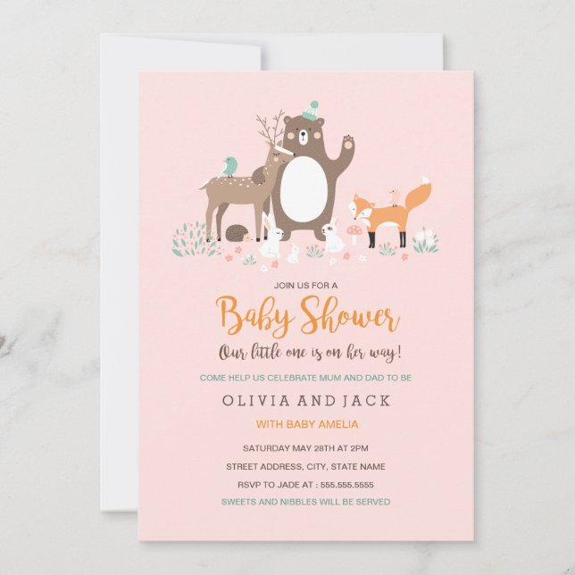 Invitation pour Baby Shower Rose et Orange Douce F (Devant)