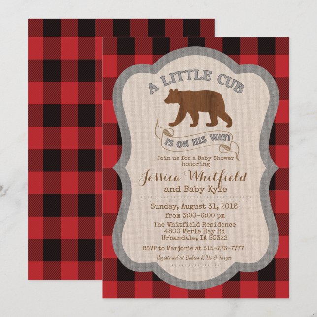 Invitation pour Baby Shower Rustique Ourson (Devant / Derrière)