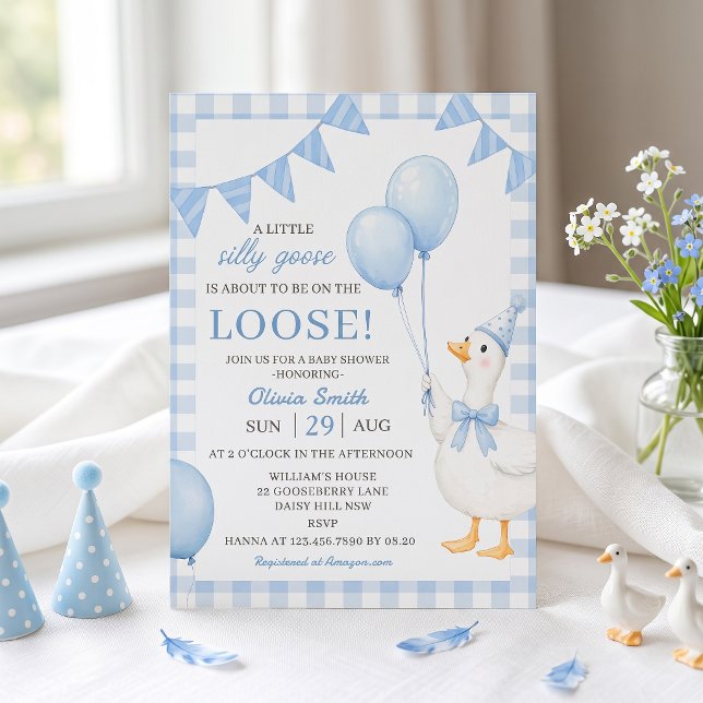 Invitation pour Baby Shower Silly Goose Blue Gingh (Créateur téléchargé)