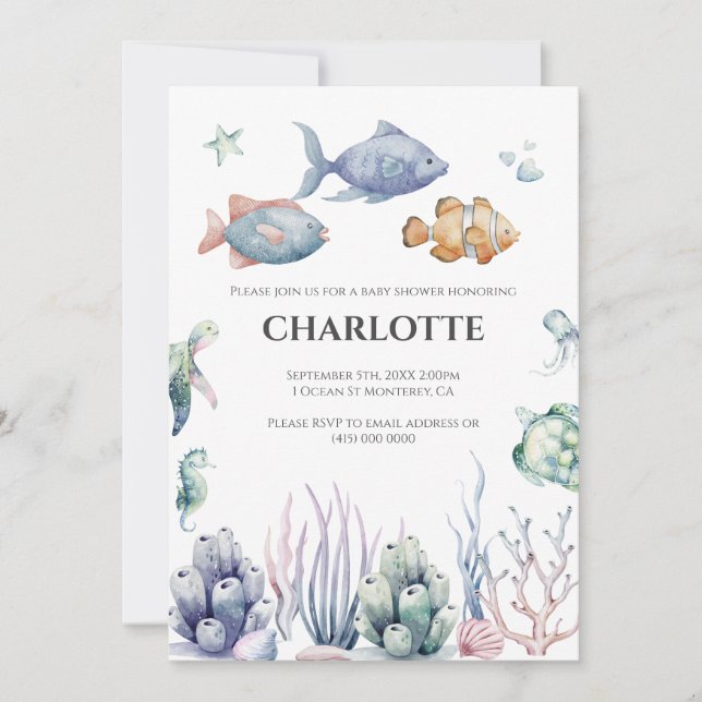 Invitation pour Baby Shower "Sous l'océan" avec QR (Devant)