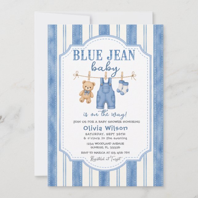 Invitation pour Baby Shower sur le thème du Denim  (Devant)