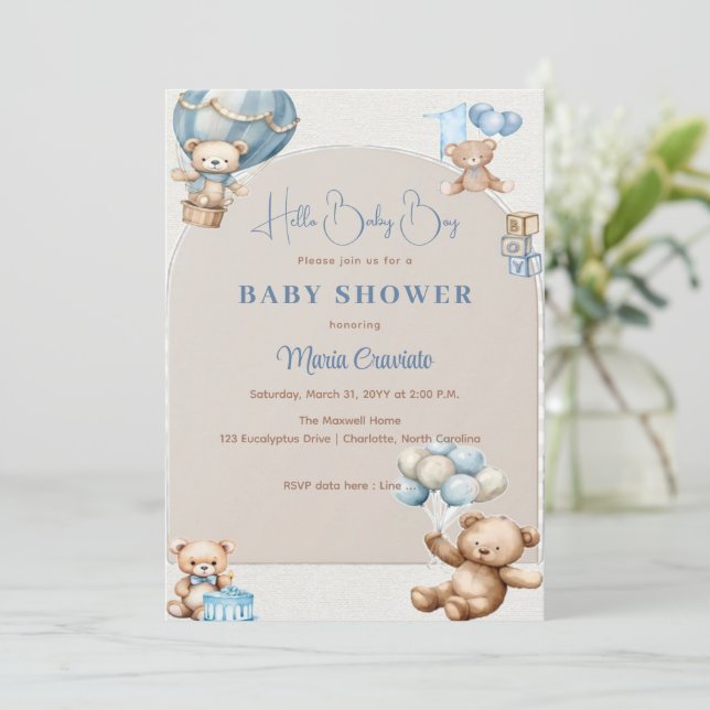 Invitation pour Baby Shower Teddy Bear Balloon (Debout devant)