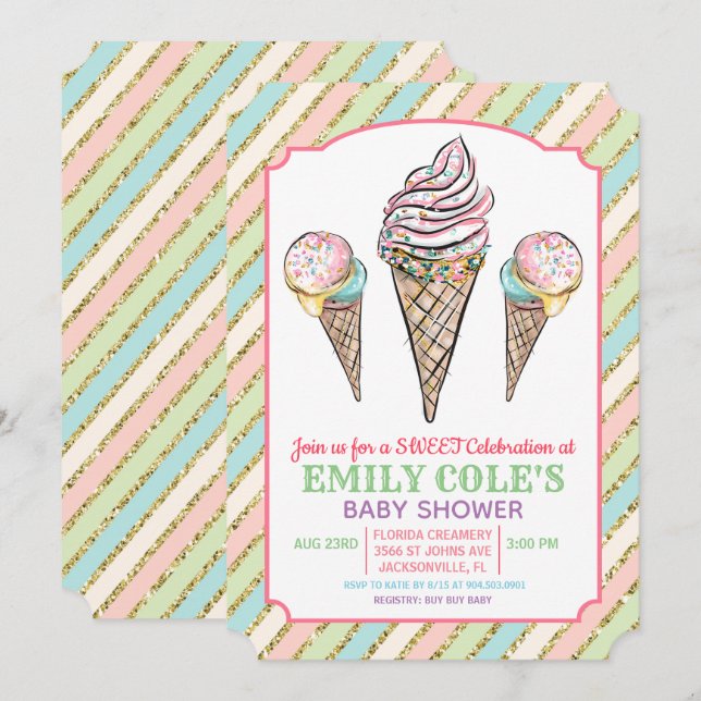 Invitation pour Baby Shower Thème Crème Glacée (Devant / Derrière)