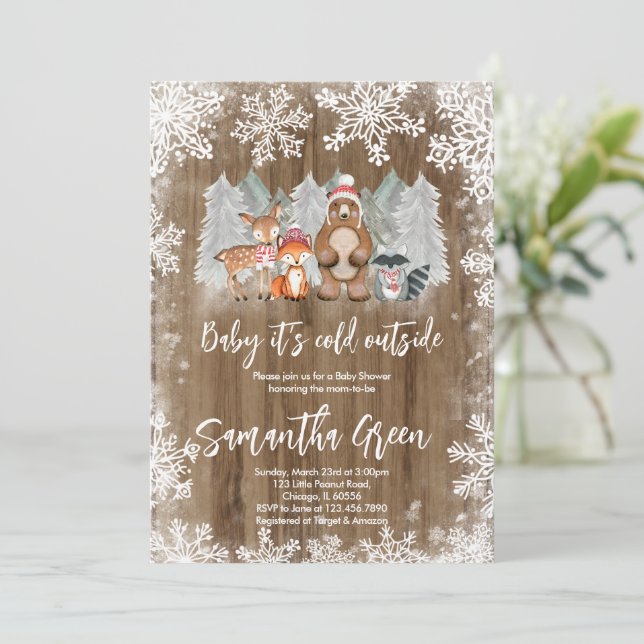 Invitation pour Baby Shower Thème Forêt d'Hiver (Debout devant)