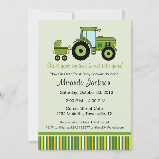 Invitation pour Baby Shower tracteur vert (Devant)