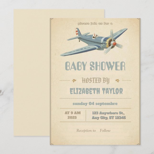 Invitation pour Baby Shower Vintage Avion (Devant / Derrière)