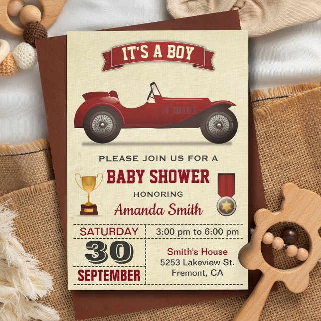 Invitation pour Baby Shower Voiture de Course Roug (Créateur téléchargé)