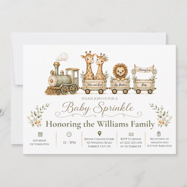 Invitation pour Baby Sprinkle Train Safari Grand F (Devant)