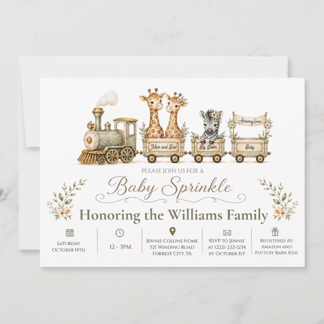 Invitation pour Baby Sprinkle Train Safari Grande  (Devant)