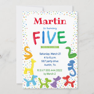 Invitation pour ballons d'animaux de 5e anniversai