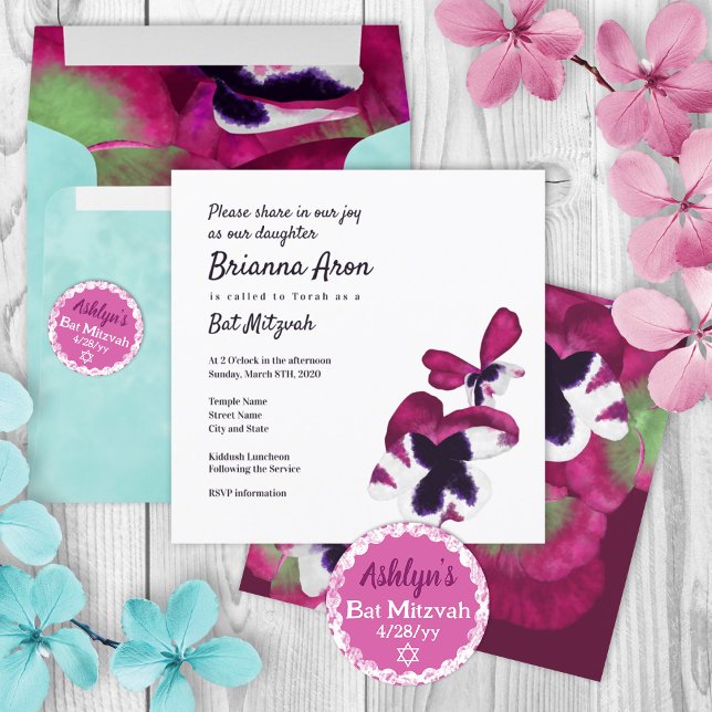 Invitation pour Bat Mitzvah aux pensées violet pou (pink purple turquoise floral bat mitzvah invitation, berry violet summer colors, 12 12th twelve)