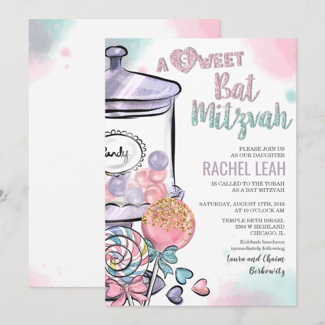 Invitation pour Bat Mitzvah Candyland (Devant / Derrière)