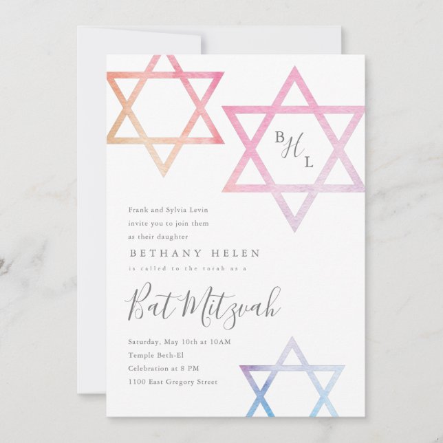 Invitation pour Bat Mitzvah étoile de David aquare (Devant)