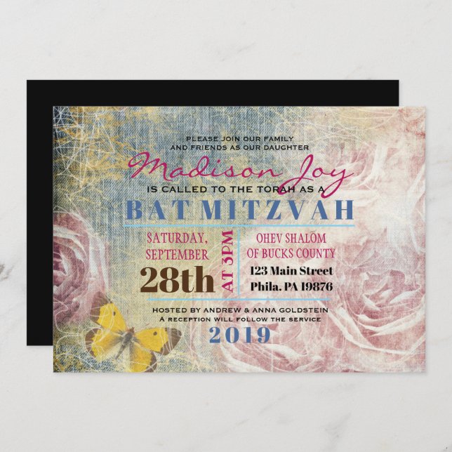 Invitation pour Bat Mitzvah ROSES & PAPILLONS VINT (Devant / Derrière)