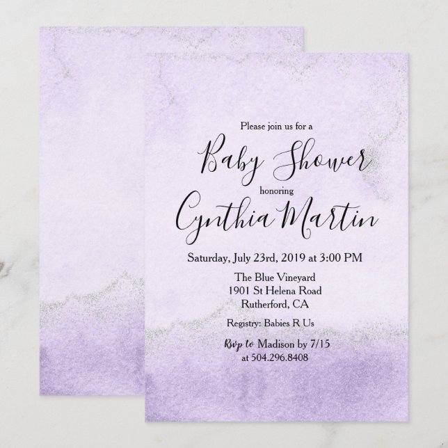 Invitation pour bébé à l'aquarelle violette (Devant / Derrière)