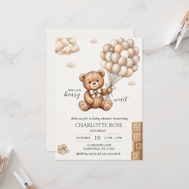 Invitation pour bébé à l'effigie d'un ours en pelu (Devant/Arrière en situation)