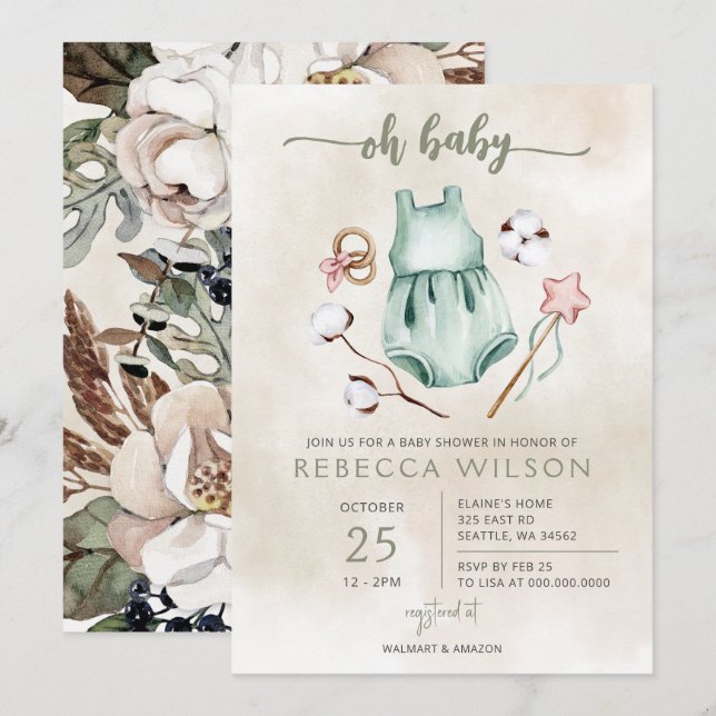Invitation pour bébé bohème de genre neutre Oh Bab (Devant / Derrière)