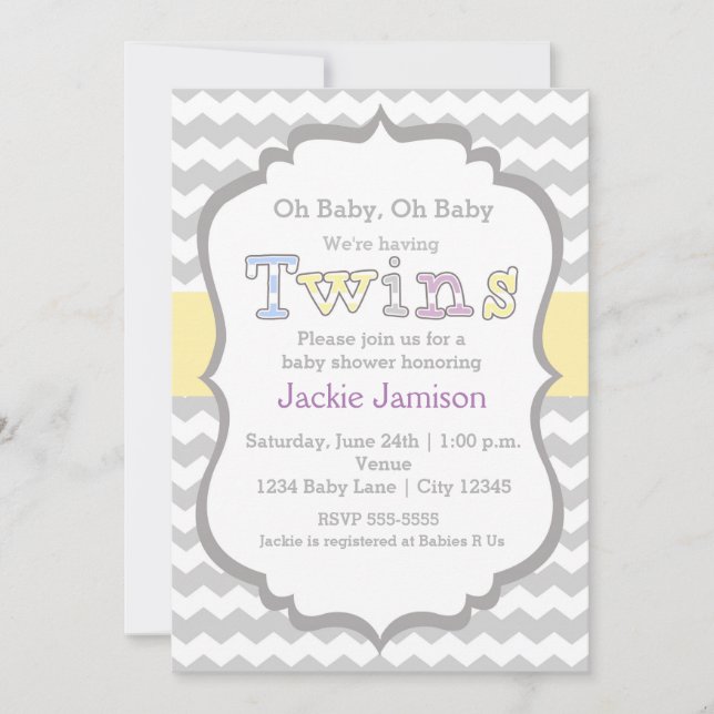Invitation pour bébé chevron unisexe JUMEAUX (Devant)