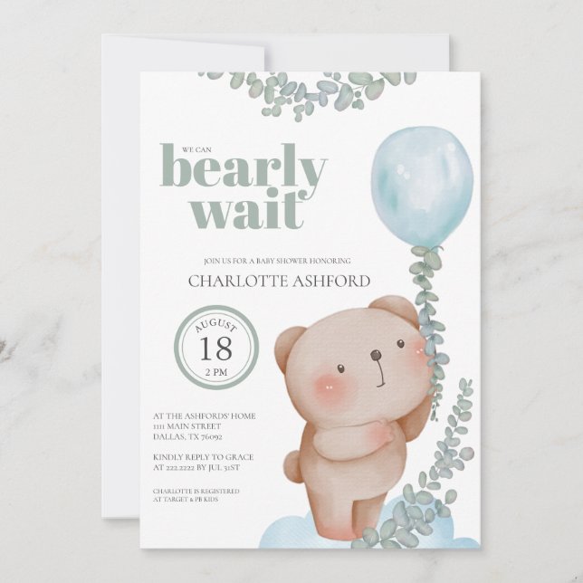 Invitation pour bébé garçon ours en ballon attend  (Devant)