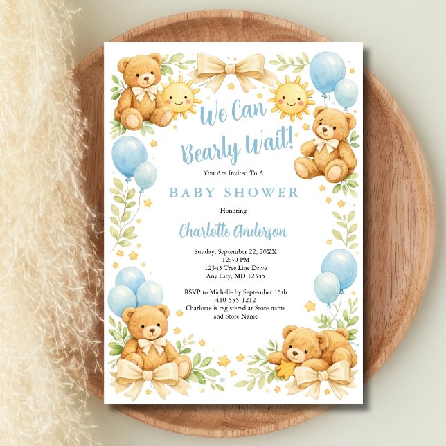 Invitation pour bébé garçon Ourson On Peut à peine (Boys Teddy Bear We Can Bearly Wait, Blue Balloons, Coquette Bows, Baby Shower invitation. )