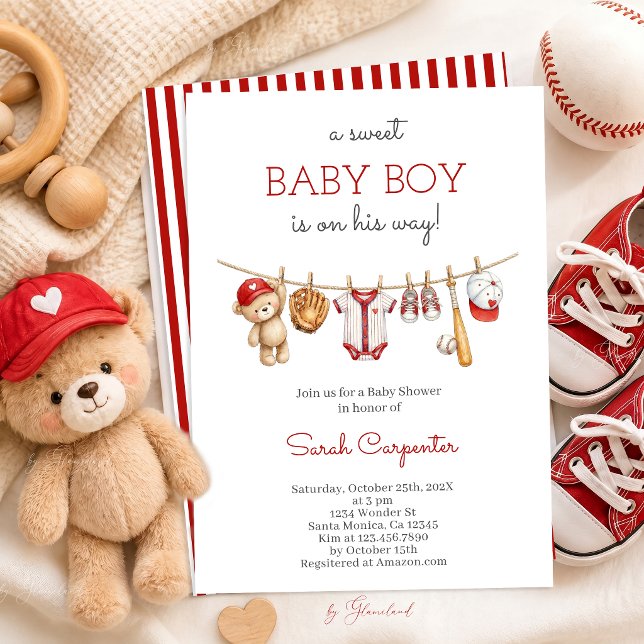 Invitation pour bébé garçon shower de baseball rou (Créateur téléchargé)