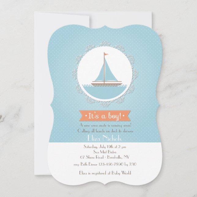 Invitation pour bébé garçon voilier (Devant)