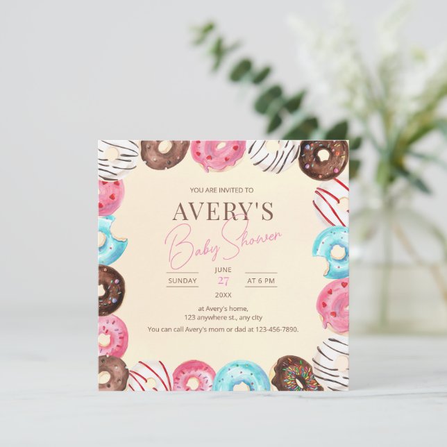 Invitation pour bébé gâteau Donut, Fête de bébé Do (Debout devant)
