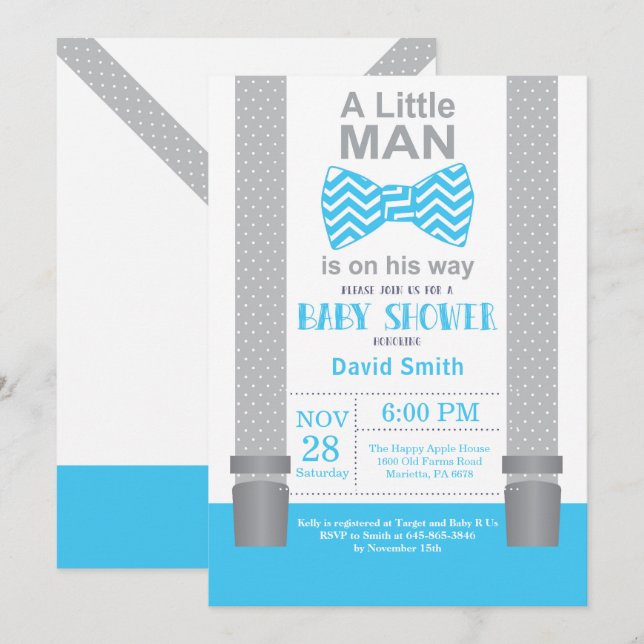 Invitation pour bébé Little Man Shower Bleu et Gri (Devant / Derrière)