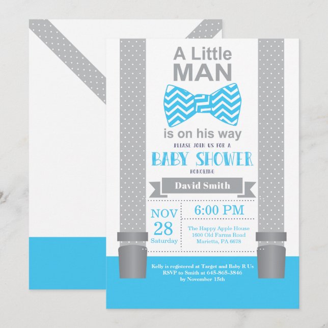 Invitation pour bébé Little Man Shower Bleu et Gri (Devant / Derrière)