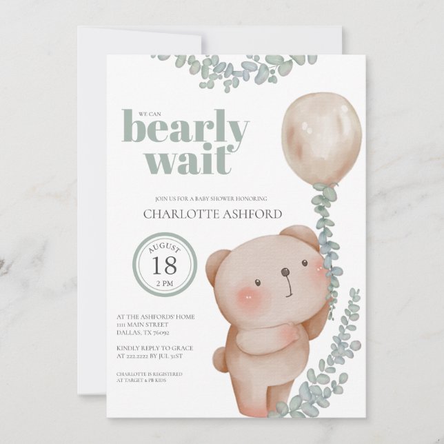 Invitation pour bébé neutre avec ballon ours à pei (Devant)