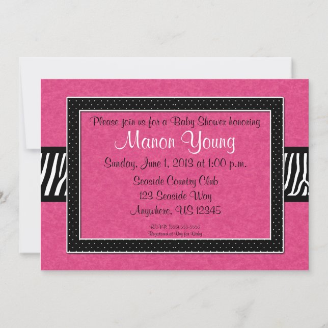 Invitation pour bébé Zebra rose ou douche nuptiale (Devant)