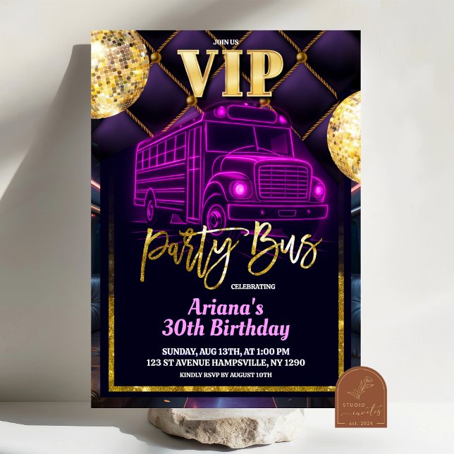 Invitation pour bus de fête VIP rose violet (Créateur téléchargé)