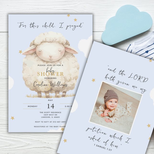 Invitation Pour Cet Enfant, J'Ai Prié Photo Agneau Bleu Relig (Personalize with a sonogram or newborn photo.)