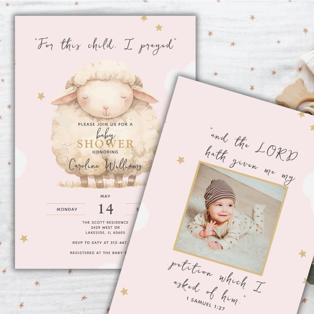 Invitation Pour Cet Enfant, J'Ai Prié Photo Agneau Rose Relig (Personalize with a sonogram or newborn picture.)
