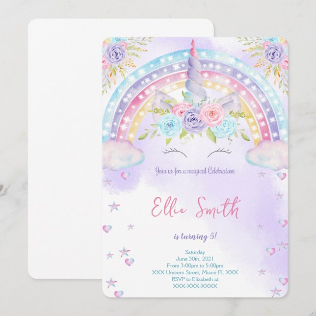 Invitation pour enfants licorne  (Devant / Derrière)