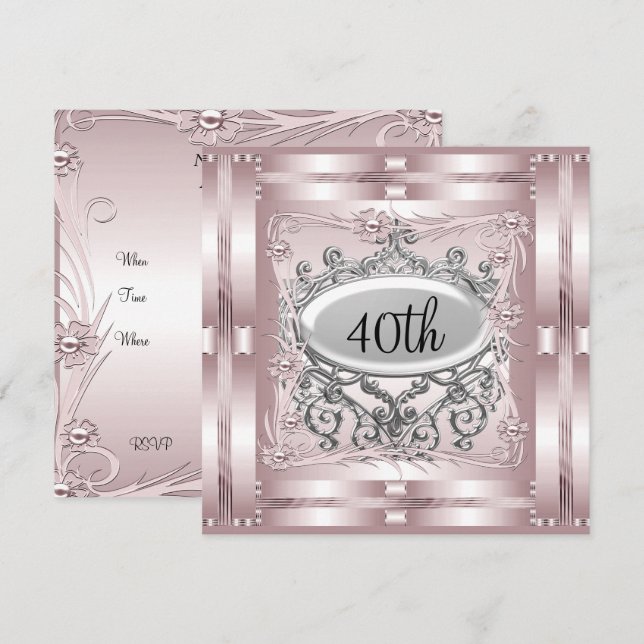 Invitation pour fête d'anniversaire 40 ans Rose (Devant / Derrière)