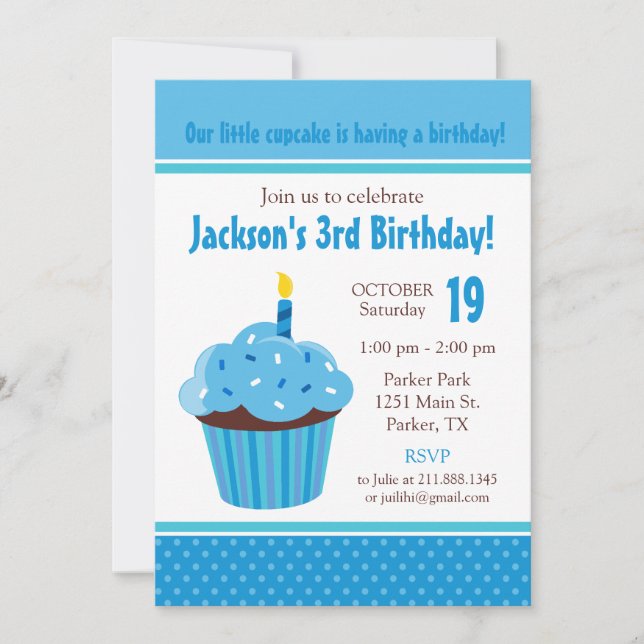 Invitation pour fête d'anniversaire Cupcake Bleu (Devant)