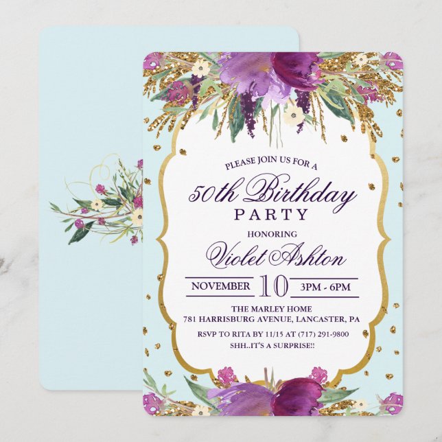 Invitation pour fête d'anniversaire florale TOUT Â (Devant / Derrière)