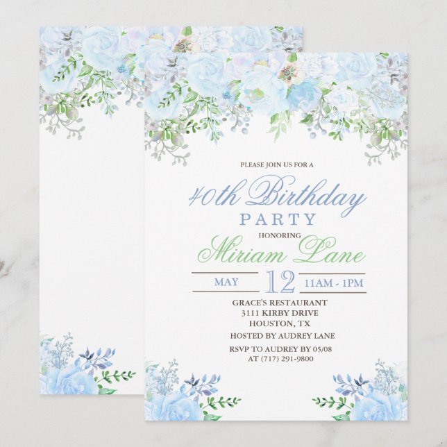 Invitation pour fête d'anniversaire florale TOUT Â (Devant / Derrière)