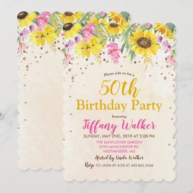 Invitation pour fête d'anniversaire Tournesol - TO (Devant / Derrière)